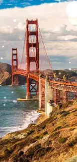 Golden Gate Bridge with vibrant blue sky and waterfront view.