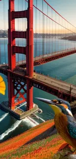 Golden Gate Bridge with bird and orange flowers in vibrant scene.