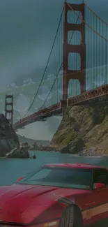 Red classic car in front of Golden Gate Bridge with a scenic backdrop.