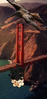 Eagle soars over Golden Gate bridge at sunset.