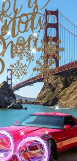 Festive wallpaper with Golden Gate Bridge and a red sports car.