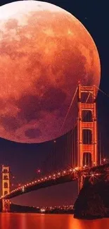 Orange moonrise over Golden Gate Bridge at night.