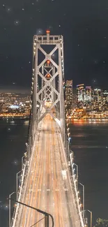 Golden Gate Bridge at night with city lights and skyline.