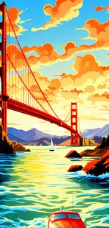 Colorful digital art of Golden Gate Bridge at sunset over scenic bay.