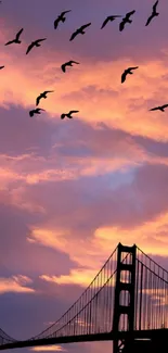 Mobile wallpaper with Golden Gate Bridge at sunset and birds flying.