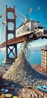 Surreal art of a truck dumping money on Golden Gate Bridge.