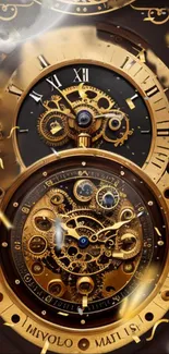 Intricate golden clock with gears and roman numerals in a steampunk design.