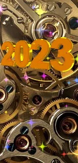 Golden gears wallpaper with 2023 text and colorful sparkles.