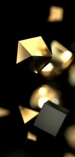 Golden 3D geometric mobiles wallpaper with a dark background.