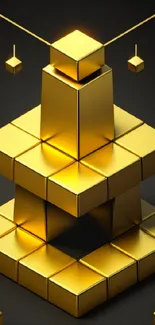 3D geometric wallpaper with golden stacked cubes on a dark background.