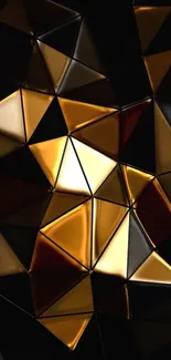 Golden geometric abstract design wallpaper with 3D triangles.