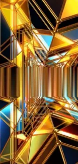 Golden geometric abstract wallpaper with 3D design.