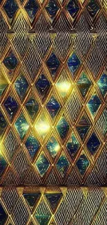 Golden geometric diamond pattern with shimmering lights.