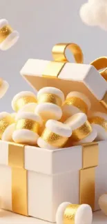 Open gift box with golden-themed decorations.