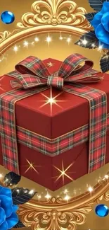 Festive gift box with blue roses and gold accents.