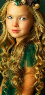 Girl with golden curls and floral crown on dark green background.