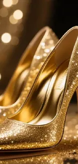 Shiny golden high heels with sparkling details.