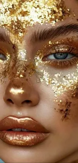 A close-up of a face adorned with gold leaf makeup and blue eyes.