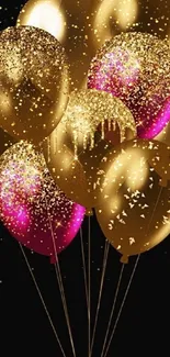 Golden and pink glitter balloons against a black background.