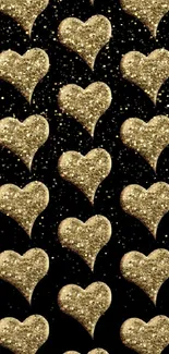 Mobile wallpaper with gold glitter hearts on a black background.