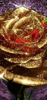 Golden rose with glitter on a purple floral background.