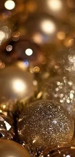 Golden Christmas ornaments with bokeh effect.