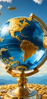 Golden globe atop treasure with sky backdrop