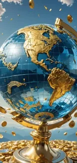 Golden globe with floating coins.