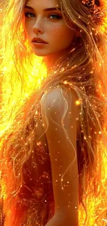 Golden fantasy wallpaper with a glowing figure amidst nature.