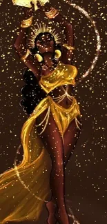 Golden goddess art on dark brown background in elegant pose.