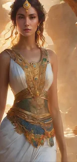 Enchanting golden goddess in ancient setting mobile wallpaper.