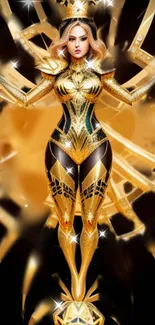 Golden goddess in intricate fantasy armor, shining brilliantly.