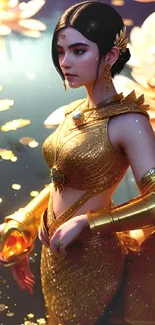 Golden goddess with lotus flowers in fantasy art scene.