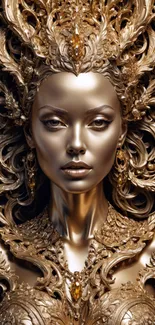 Golden statue of a goddess with intricate details.