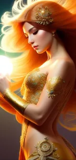 Golden-haired goddess holding an orb in a stunning, themed mobile wallpaper.