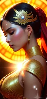 Golden goddess artwork on a mobile wallpaper with vibrant colors.