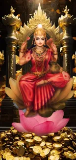 Goddess seated on throne with gold coins and lotus in a divine, spiritual scene.