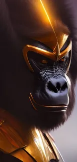 Golden armored gorilla art on phone wallpaper.