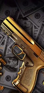 Golden gun on scattered dollar bills wallpaper for mobile.