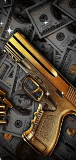 Golden gun with dollar bills wallpaper.