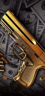 A golden gun on a bed of currency notes, exuding luxury and opulence.