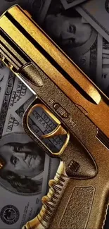 Golden gun on dollar bills wallpaper background.