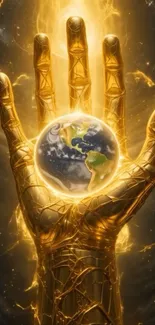 Golden hand holding the Earth in cosmic design