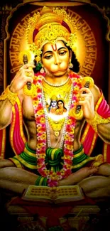 Golden Hanuman wallpaper with divine symbols and vibrant colors.