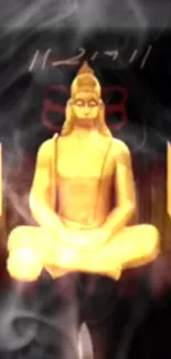 Golden Hanuman statue in meditation with smoke.