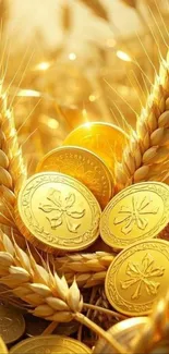 Golden coins and wheat stalks wallpaper symbolizing wealth and abundance.
