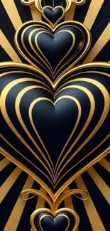 Abstract golden hearts with black stripes wallpaper.