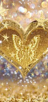 Golden heart with butterfly and sparkling stars on wallpaper.