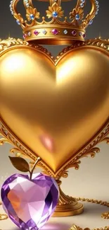 Golden heart with crown and purple gemstone apple.