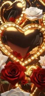 Golden heart surrounded by red and white roses.